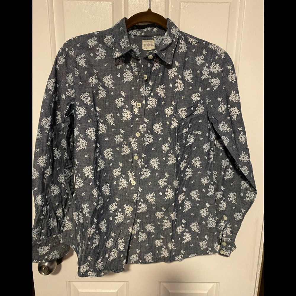 Patterned denim or chambray button-up shirt